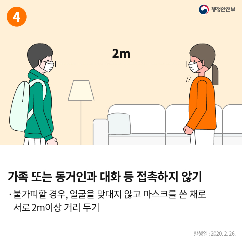 가족 또는 동거인과 대화 등 접촉하지 않기 불가피할 경우, 얼굴을 맞대지 않고 마스크를 쓴 채로 서로 2m이상 거리 두기