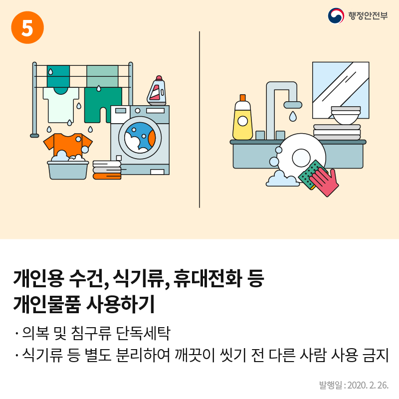 개인용 수건, 식기류, 휴대전화 등 개인물품 사용하기 의복 및 침구류 단독세탁 식기류 등 별도 분리하여 깨끗이 씻기 전 다른 사람 사용 금지