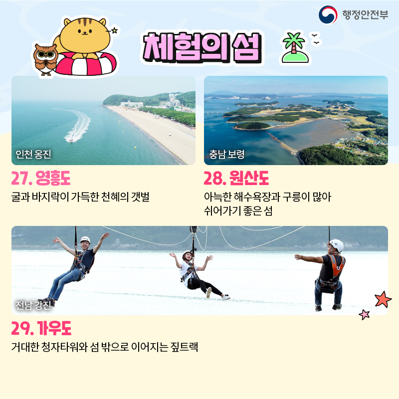 08. 체험의 섬 27. 영흥도 굴과 바지락이 가득한 천혜의 갯벌 28. 원산도 아늑한 해수욕장과 구릉이 많아 쉬어가기 좋은 섬 29. 가우도 거대한 청자타워와 섬 밖으로 이어지는 짚트랙
