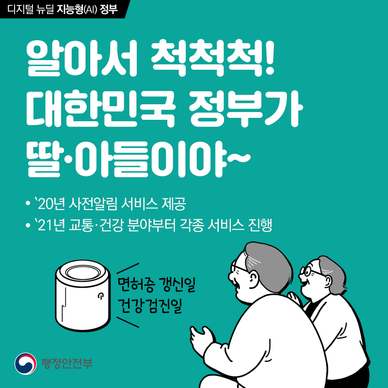 2. 알아서 척척척! 대한민국 정부가 딸, 아들이야 - 2020년 사전알림 서비스 제공 - 2021년 교통, 건강 분야부터 각종 서비스 진행