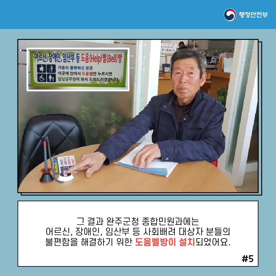 5.  (1) 그 결과 완주군청 종합민원과에는 어르신, 장애인, 임산부 등 사회배려 대상자분들의     불편함을 해결하기 위한 도움벨방이 설치되었어요.