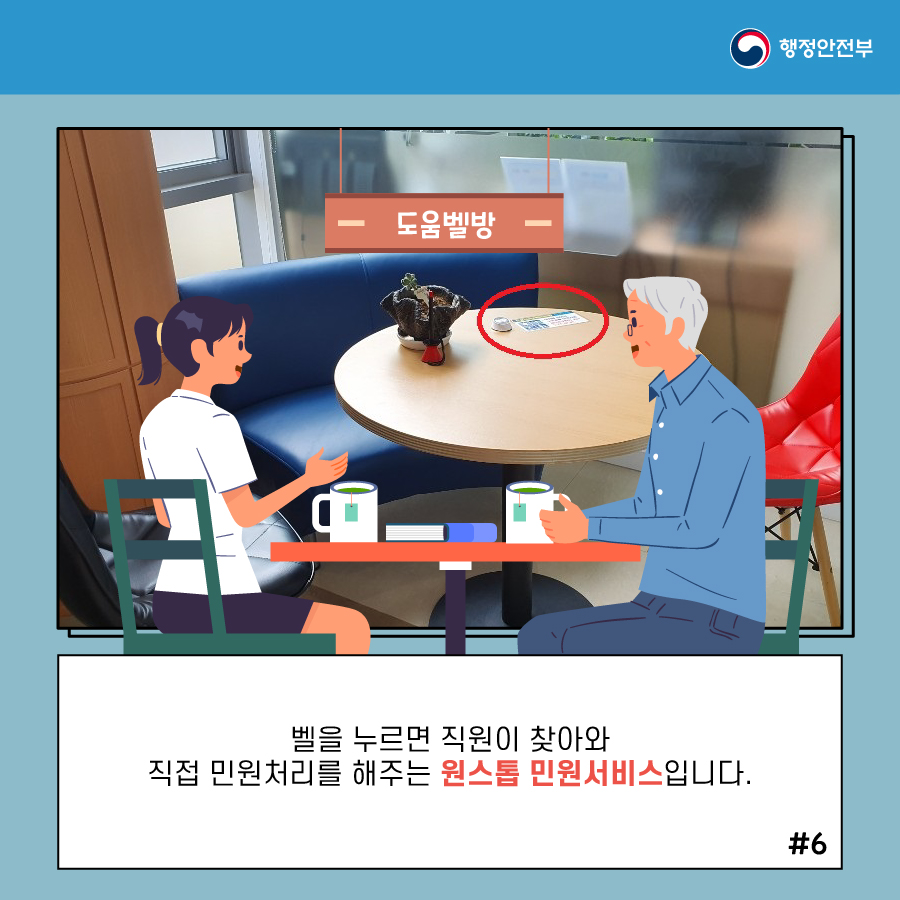 6.  (1) 벨을 누르면 직원이 찾아와 직접 민원처리를 해주는 원스톱 민원서비스입니다.