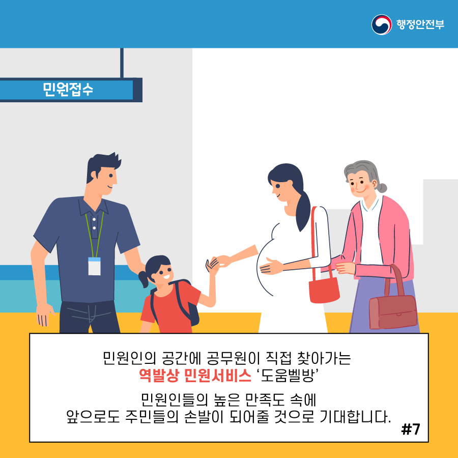  7.  (1) 민원인의 공간에 공무원이 직접 찾아가는 역발상 민원서비스 ‘도움벨방’ (2) 민원인들의 높은 만족도 속에 앞으로도 주민들의 손발이 되어줄 것으로 기대합니다.