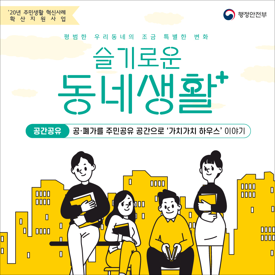 1.  (1) 20년 주민생활 혁신사례 확산 지원사업 (2) 평범한 우리동네의 조금 특별한 변화 슬기로운 동네생활 플러스 (3) 공간공유 공·폐가를 주민공유 공간으로 ‘가치가치 하우스’이야기