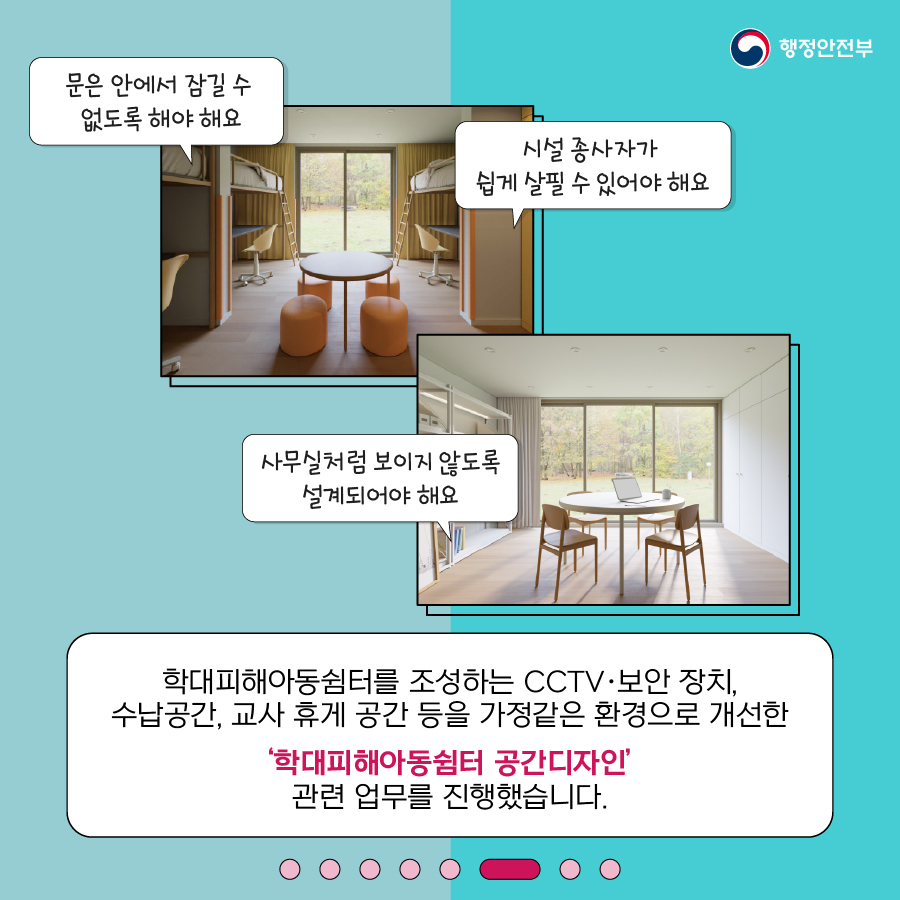 6.  (1) 문은 안에서 잠길 수 없도록 해야 해요. (2) 시설 종사자가 쉽게 살필 수 있어야 해요 (3) 사무실처럼 보이지 않도록 설계되어야 해요 (4) 학대피해아동쉼터를 조성하는 CCTV·보안 장치, 수납공간, 교사 휴게 공간 등을 가정같은 환경으로 개선한 ‘학대피해아동쉼터 공간디자인’ 관련 업무를 진행했습니다.