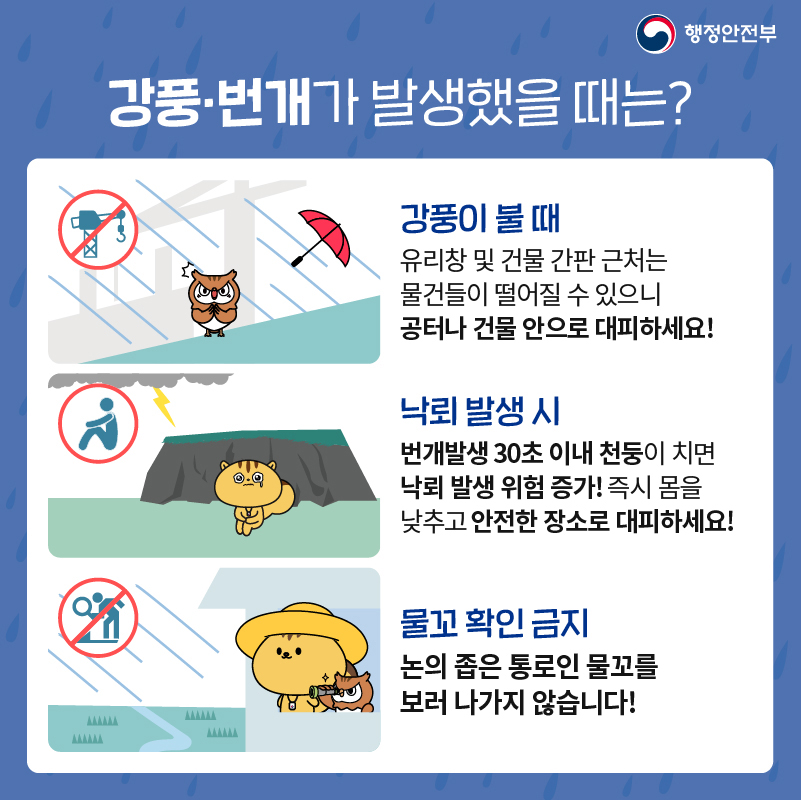 강풍·번개가 발생했을 때는? 강풍이 불 때 유리창 및 건물 간판 근처는 물건들이 떨어질 수 있으니 공터나 건물 안으로 대피하세요!