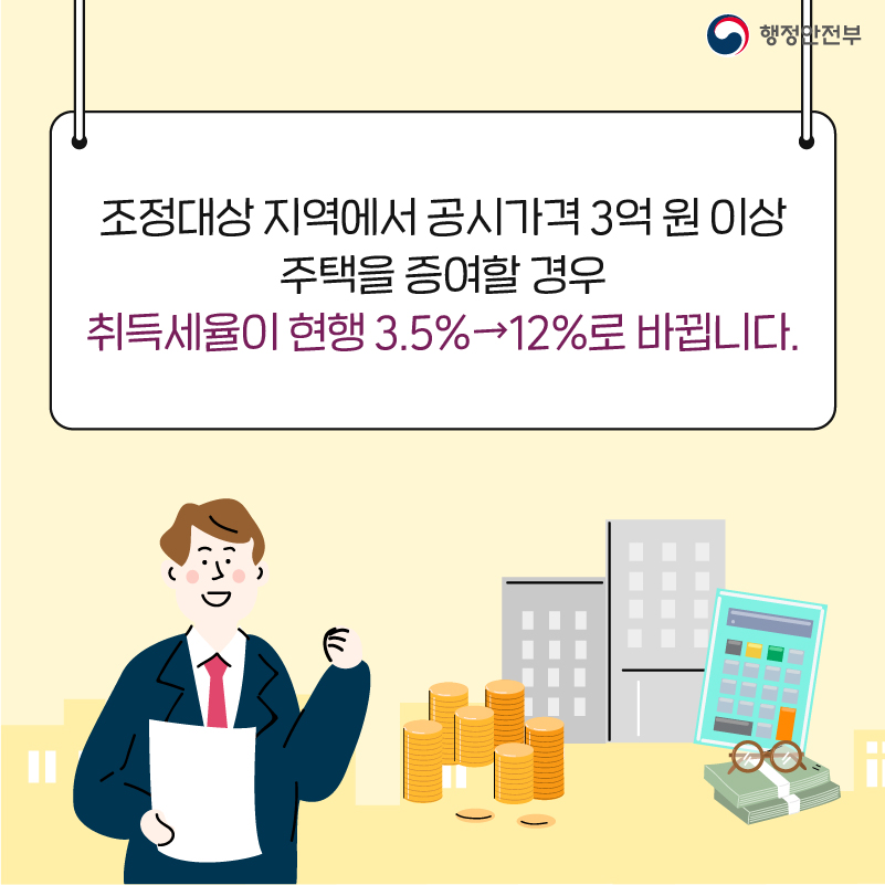 6. 조정대상 지역에서 공시가격 3억 원 이상 주택을 증여할 경우 취득세율이 현행 3.5%→12%로 바뀝니다.