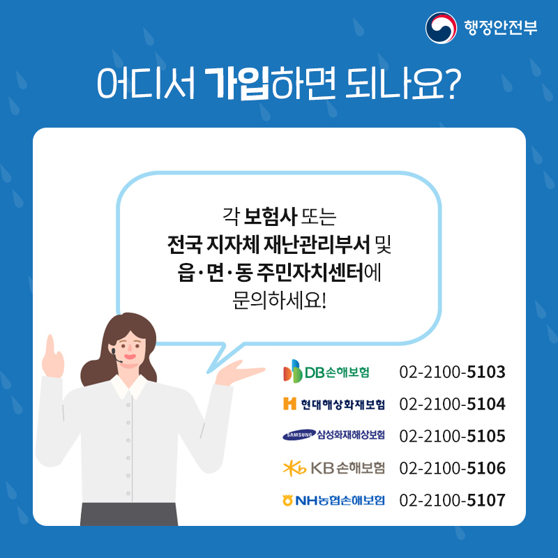 09 풍수해보험 가입은? 각 보험사 또는 전국 지자체 재난관리부서 및 읍면동 주민자치센터에 문의하세요! DB손해보험 02-2100-5103 현대해상화재보험 02-2100-5104 삼성화재해상보험 02-2100-5105 KB손해보험 02-2100-5106 NH농협손해보험 02-2100-5107
