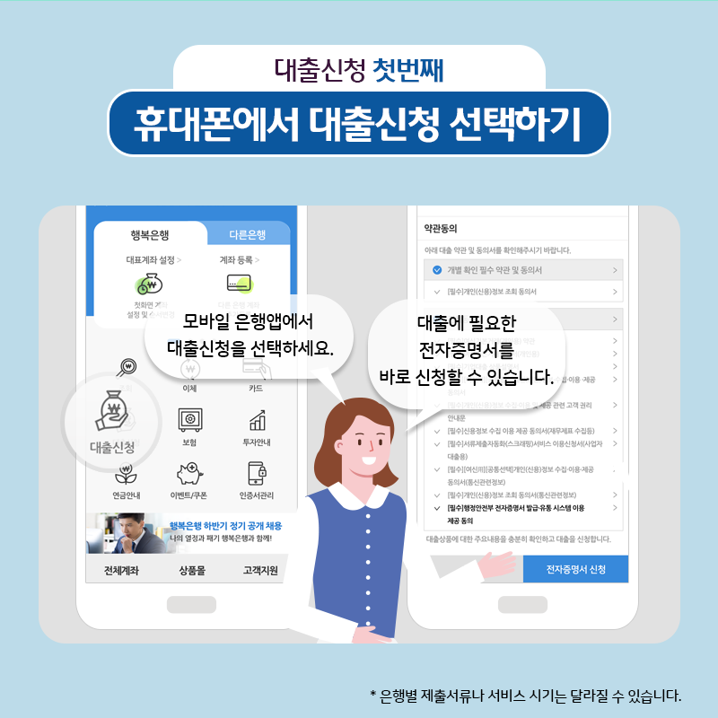 3.  대출신청 첫번째. 휴대폰에서 대출신청 선택하기  - 모바일 은행앱에서 대출신청을 선택하세요. - 대출에 필요한 전자증명서를 바로 신청할 수 있습니다.  * 은행별 제출 서류나 서비스 시기는 달라질 수 있습니다.