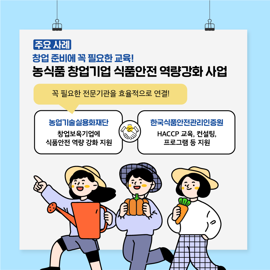 10. < 주요 사례 > 창업 준비에 꼭 필요한 교육! 농식품 창업기업 식품안전 역량강화 사업  농업기술실용화재단 창업보육기업에 식품안전 역량 강화 지원  한국식품안전관리인증원 HACCP 교육, 컨설팅, 프로그램 등 지원  ⇒ 꼭 필요한 전문기관을 효율적으로 연결해주는 협업이음터~