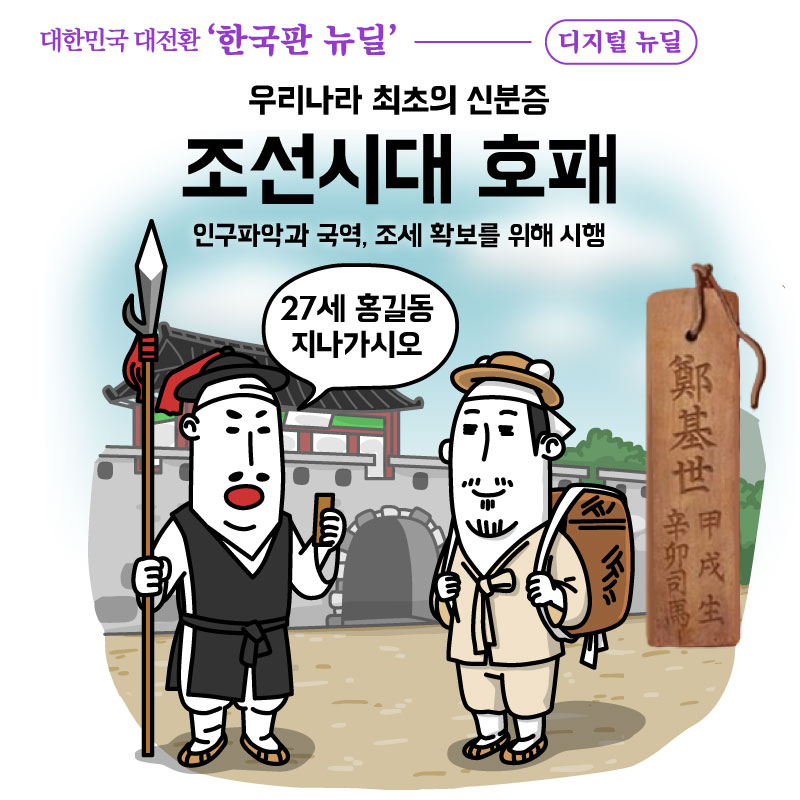 01. 대한민국 대전환 '한국판 뉴딜' - 디지털 뉴딜  우리나라 최초의 신분증 조선시대 호패 인구파악과 국역, 조세 확보를 위해 시행  "27세 홍길동 지나가시오"