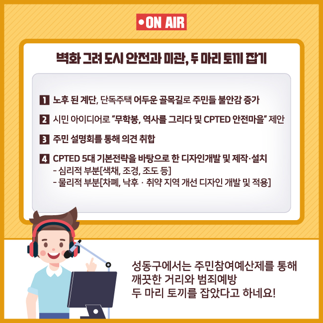 8. 벽화 그려 도시 안전과 미관, 두 마리 토끼 잡기    1. 노후 된 계단, 단독주택 어두운 골목길로 주민들 불안감 증가    2. 신민 아이디어로 “무학봉, 역사를 그리다 및 CPTED 안전마을”제안    3. 주민 설명회를 통해 의견 취합    4. CPTED 5대 기본전략을 바탕으로 한 디자인개발 및 제작 설치      - 심리적 부분(색채, 조경, 조도 등)      - 물리적 부분(차폐, 낙후 취약 지역개선 디자인 개발 및 적용)    성동구에서는 주민참여예산제를 통해 깨끗한 거리와 범죄예방 두 마리 토끼를 잡았다고    하네요!