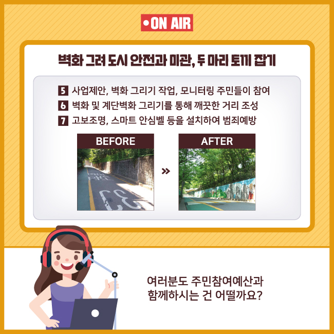 9. 벽화 그려 도시 안전과 미관, 두 마리 토끼 잡기    5. 사업제안, 벽화 그리기 작업, 모니터링 주민들이 참여    6. 벽화 및 계단벽화 그리기를 통해 깨끗한 거리 조성    7. 고보조명, 스마트 안심벨 등을 설치하여 범죄예방    여러분도 주민참여예산과 함께하시는 건 어떨까요?