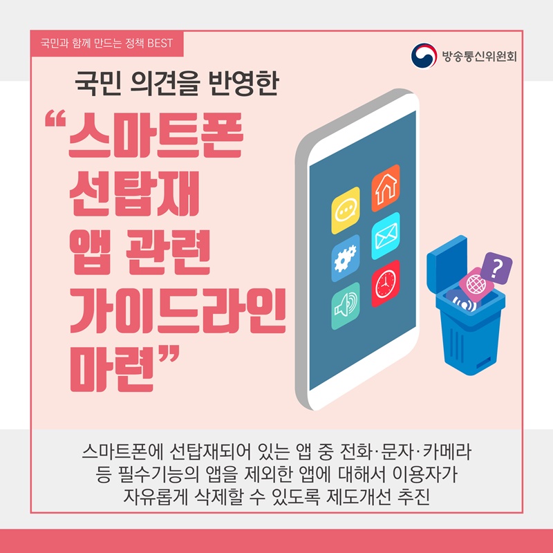 6. 국민 의견을 반영한 "스마트폰 선탑재 앱 관련 가이드라인 마련"  -스마트폰에 선탑재되어 있는 앱 중 전화·문자·카메라  등 필수기능의 앱을 제외한 앱에 대해서 이용자가  자유롭게 삭제할 수 있도록 제도개선 추진