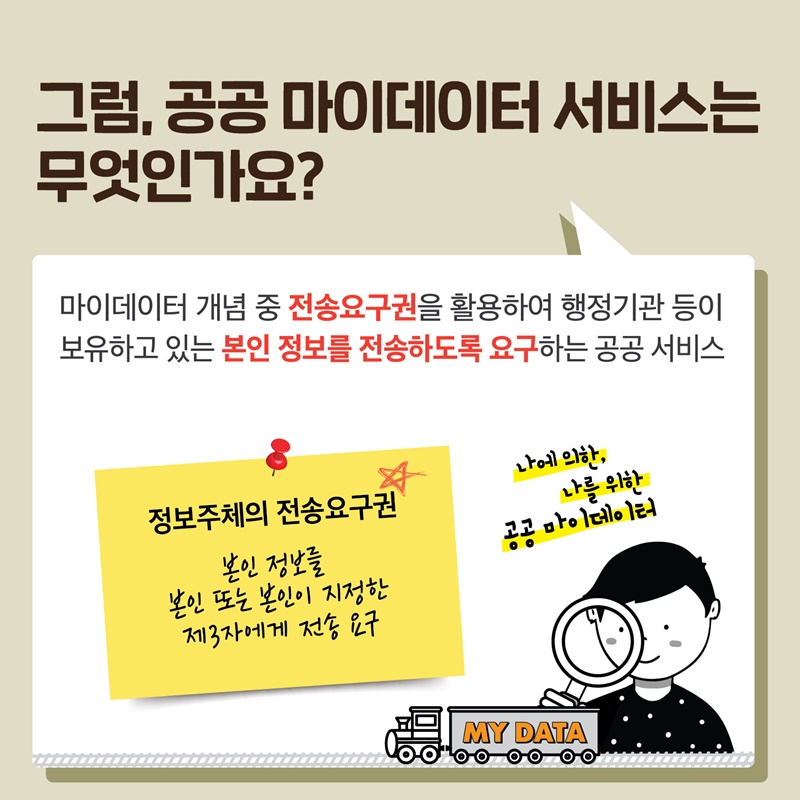  3.  그럼, 공공 마이데이터 서비스는 무엇인가요?  마이데이터 개념 중 전송요구권을 활용하여 행정기관 등이 보유하고 있는 본인 정보를 전송하도록 요구하는 공공 서비스  * 정보주체의 전송요구권 본인 정보를 본인 또는 본인이 지정한 제3자에게 전송 요구