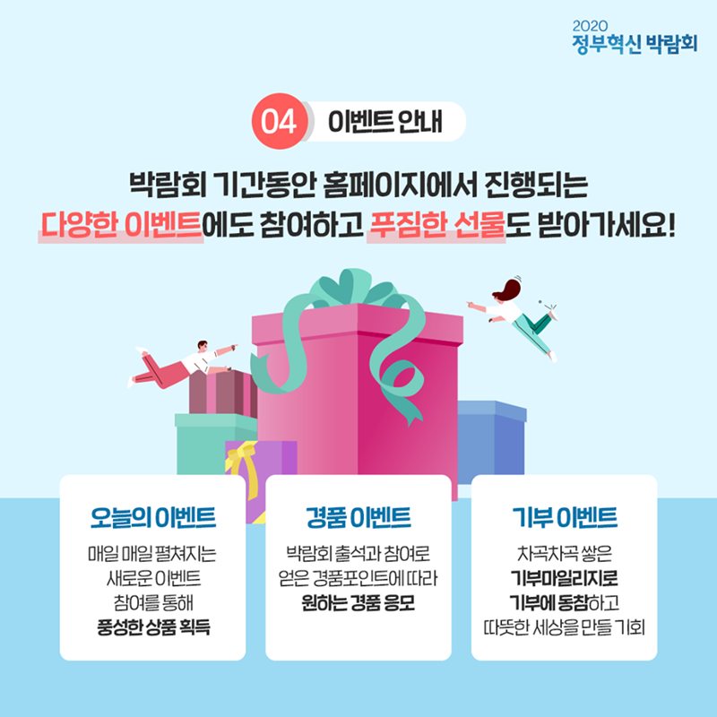 #6 4. 이벤트 안내 박람회 기간동안 홈페이지에서 진행되는 다양한 이벤트에도 참여하고 푸짐한 선물도 받아가세요!  - 오늘의 이벤트 : 매일 매일 펼쳐지는 새로운 이벤트 참여를 통해 풍성한 상품 획득  - 경품 이벤트 : 박람회 출석과 참여로 얻은 경품 포인트에 따라 원하는 경품 응모  - 기부 이벤트 : 차곡차곡 쌓은 기부 마일리지로 기부에 동참하고 따뜻한 세상을 만들 기회