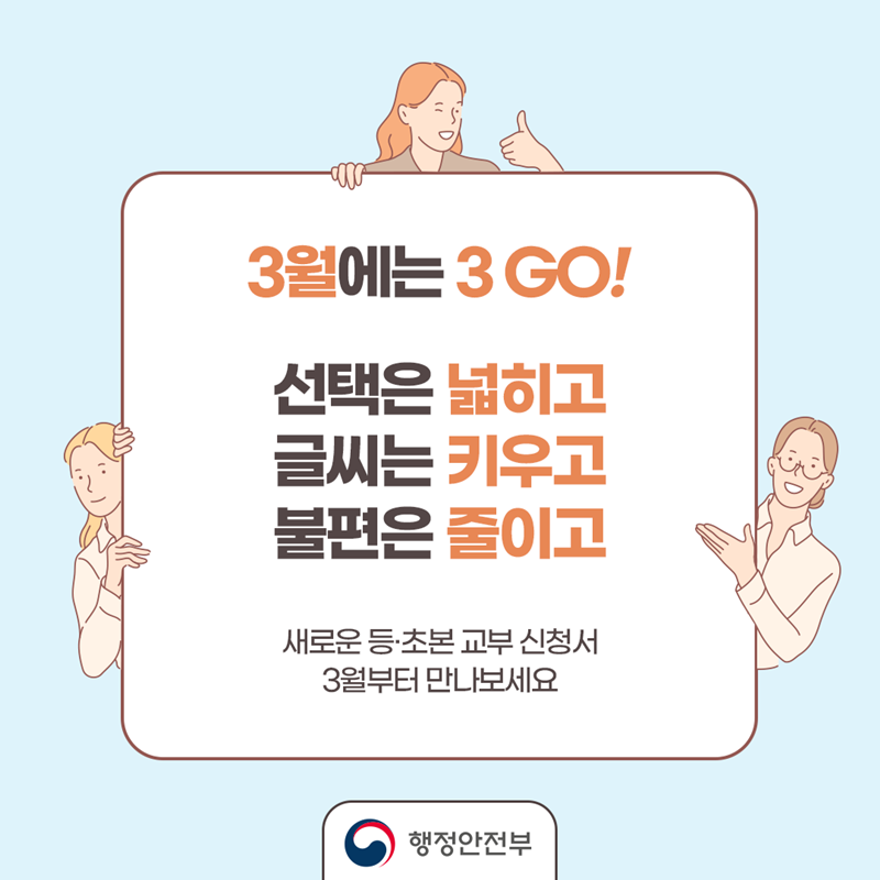 6. 3월에는 3 GO!    선택은 넓히고! 글씨는 키우고! 불편은 줄이고!    새로운 등·초본 교부 신청서 3월부터 가까운 읍·면·동 주민센터에서 만나보세요.