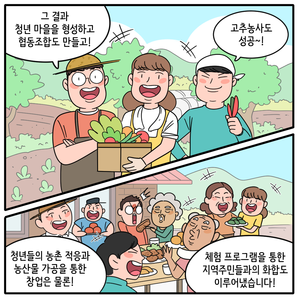 그 결과 청년 마을을 형성하고 혐통 조합도 만들고!  고추 농사도 성공~!  청년들의 농촌 적응과  농산물 가공을 통한 창업은 물론!  체험 프로그램을 통한 지역주민들과의 화합도 이루어냈습니다!