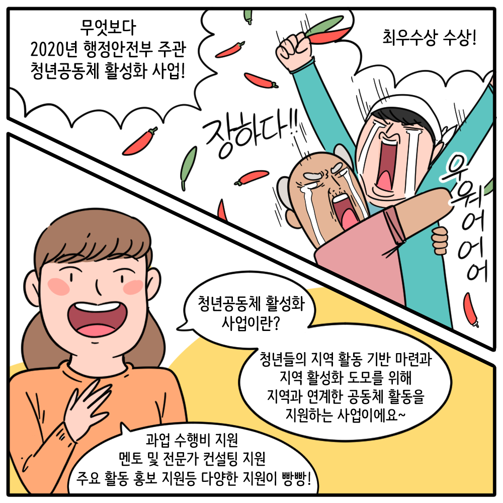 무엇보다 2020년 행정안전부 주관 청년공동체 활성화 사업! 최우수상 수상!  <청년공동체 활성화 사업>이란?  청년들의 지역활동 기반 마련과 지역 활성화 도모를 위해 지역과 연계한 공동체 활동을 지원하는 사업이에요~  과업 수행비 지원 멘토 및 전문가 컨설팅 지원 주요 활동 홍보 지원 등 다양한 지원이 빵빵!