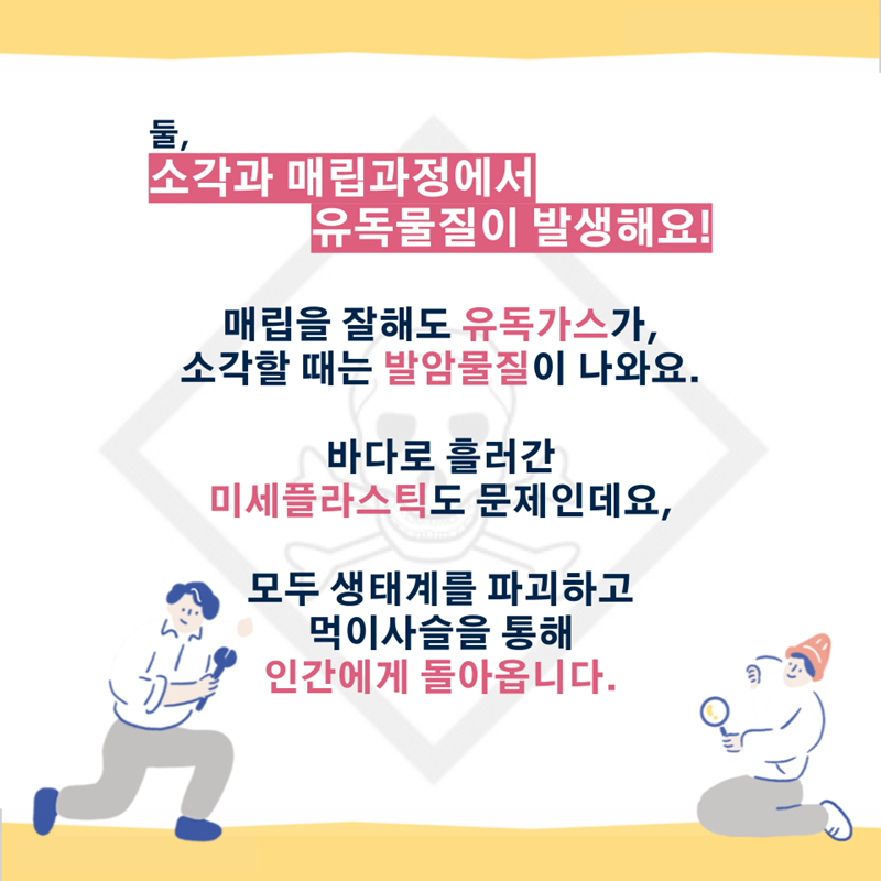 둘, 소각과 매립과정에서 유독물질이 발생해요! 매립을 잘해도 유독가스가, 소각할 때는 발암물질이 나와요. 바다로 흘러간 미세플라스틱도 문제인데요, 모두 생태계를 파괴하고 먹이사슬을 통해 인간에게 돌아옵니다.