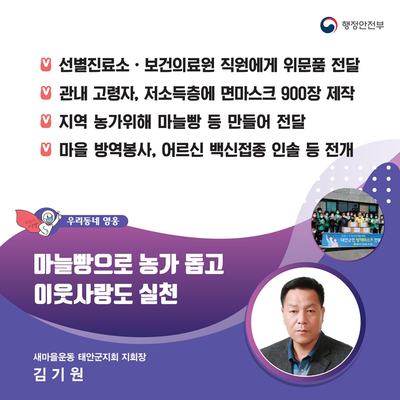 마늘빵으로 농가 돕고 이웃사랑도 실천 새마을운동 태안군지회 지회장┃김기원  주요공적 - 선별진료소·보건의료원 직원에게 위문품 전달 -  관내 고령자, 저소득층에 면마스크 900장 제작 -  어려운 마늘농가 위해 마늘빵 등 만들어 전달 -  마을 방역봉사, 어르신 백신접종 인솔 등 전개