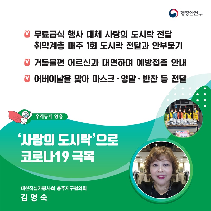 ‘사랑의 도시락’으로 코로나19 극복 대한적십자봉사회 충주지구협의회┃김영숙  주요공적 - 무료급식 행사 대체 사랑의 도시락 전달    취약계층 매주 1회 도시락 전달과 안부 묻기 -  거동불편 어르신과 대면하며 예방접종 안내 -  어버이날을 맞아 마스크·양말·반찬 등 전달