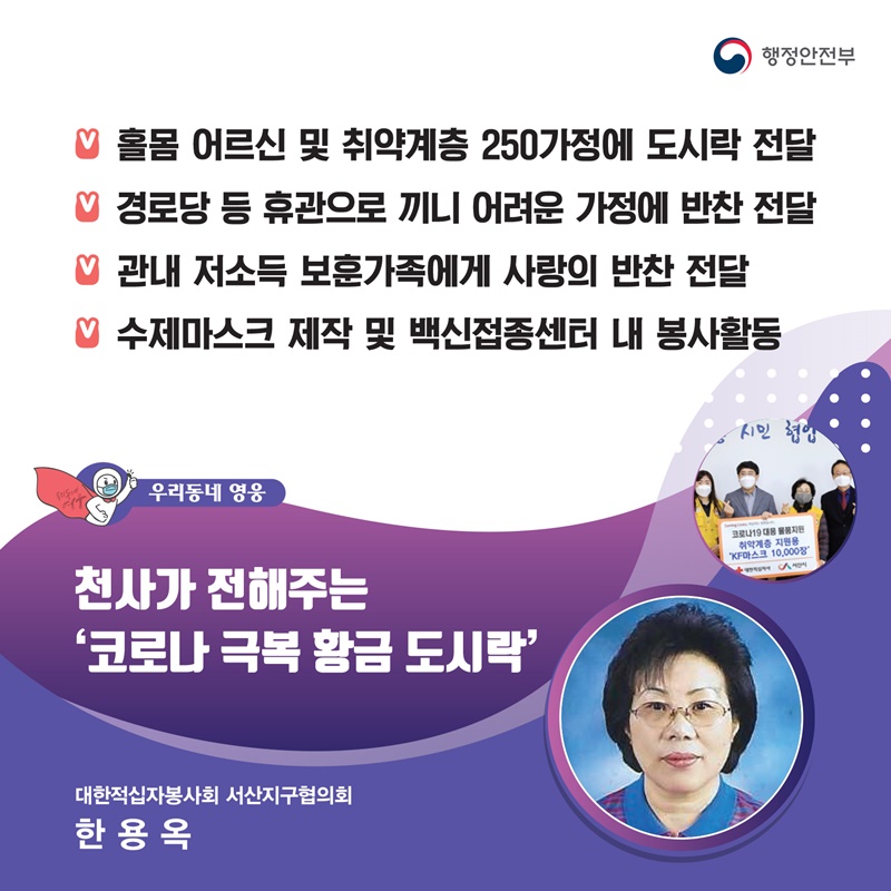 천사가 전해주는 ‘코로나 극복 황금 도시락’ 대한적십자봉사회 서산지구협의회┃한용옥  주요공적 - 홀몸 어르신 및 취약계층 250가정에 도시락 전달 -  경로당 등 휴관으로 끼니 어려운 가정에 반찬 전달 -  관내 저소득 보훈가족에게 사랑의 반찬 전달 -  수제마스크 제작 및 백신접종센터 내 봉사활동