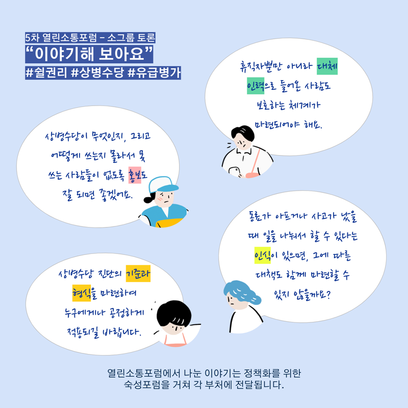 5차 열린소통포럼 - 소그룹 토론  “이야기해 보아요”   #쉴권리 #상병수당 #유급병가  - 휴직자뿐만 아니라 대체 인력으로 들어온 사람도 보호하는 체계가 마련되어야 해요.   - 상병수당이 무엇인지, 그리고 어떻게 쓰는지 몰라서 못 쓰는 사람들이 없도록   홍보도  잘 되면 좋겠어요.    - 동료가 아프거나 사고가 났을 때 일을 나눠서 할 수 있다는 인식이 있으면,   그에 따른 대책도 함께 마련할 수 있지 않을까요?    - 상병수당 진단의 기준과 형식을 마련하여 누구에게나 공정하게 적용되길 바랍니다.   열린소통포럼에서 나눈 이야기는 정책화를 위한   숙성포럼을 거쳐 각 부처에 전달됩니다. 