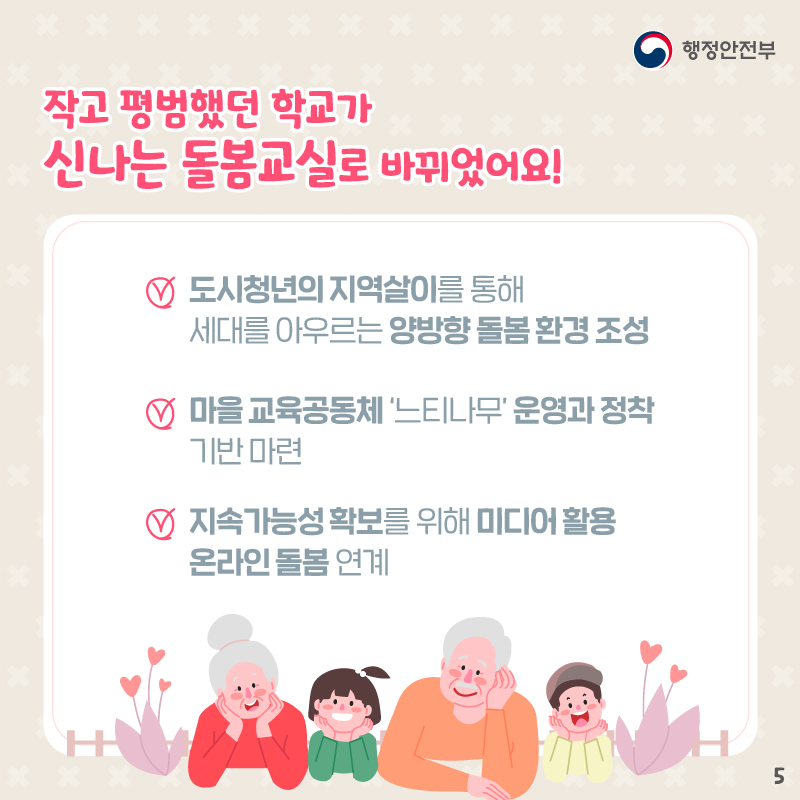 작고 평범했던 학교가 신나는 돌봄교실로 바뀌었어요!     도시청년의 지역살이를 통해 세대를 아우르는 양방향 돌봄 환경 조성,     마을 교육공동체 '느티나무'운영과 정착 기반 마련     지속가능성 확보를 위해 미디어 활용 온라인 돌봄 연계