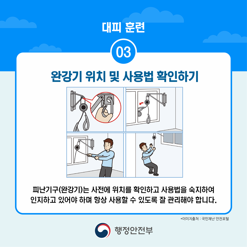 대피 훈련 세 번째, 완강기 위치 및 사용법 확인하기 피난기구(완강기)는 사전에 위치를 확인하고 사용법을 숙지하여 인지하고 있어야 하며, 항상 사용할 수 있도록 잘 관리해야 합니다.