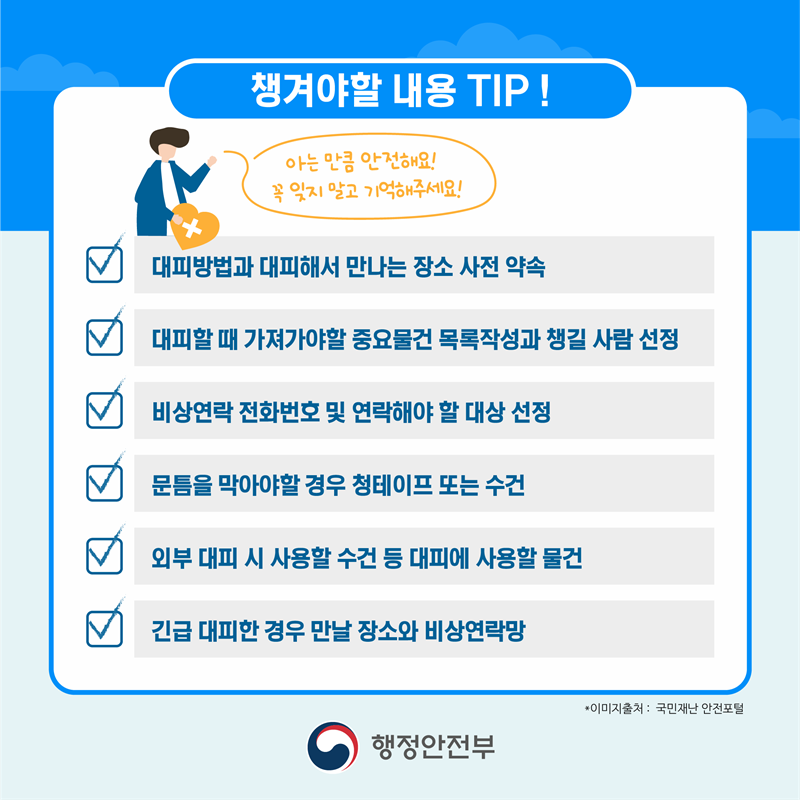 챙겨야 할 내용 TIP! 아는 만큼 안전해요! 꼭 잊지 말고 기억해 주세요! 대피 방법과 대피해서 만나는 장소 사전 약속 대피할 때 가져가야 할 중요물건 목록작성과 챙길 사람 선정 비상연락 전화번호 및 연락해야 할 대상 선정 문틈을 막아야 할 경우 청테이프 또는 수건 외부 대피 시 사용할 수건 등 대피에 사용할 물건 긴급 대피한 경우 만날 장소와 비상연락망