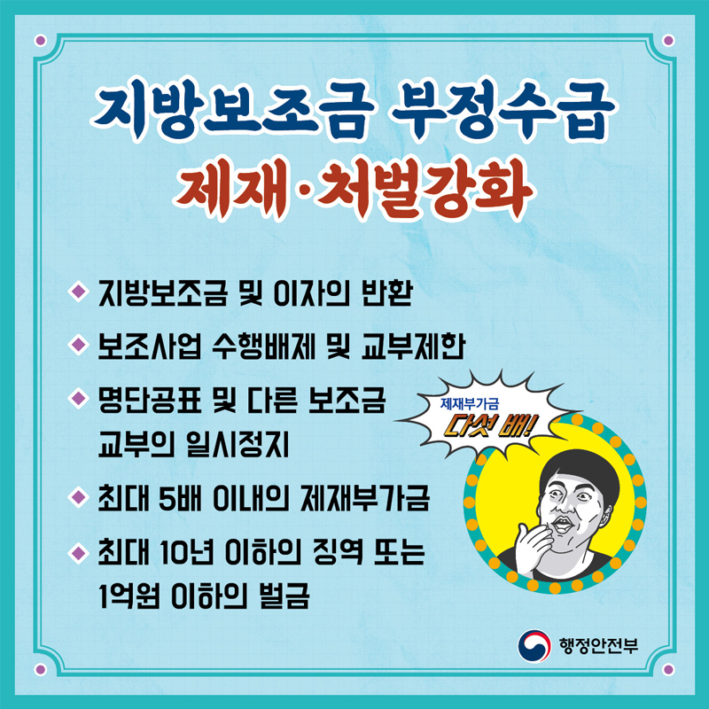 지방보조금 부정수급 제재, 처벌 강화  지방보조금 및 이자의 반환 보조사업 수행배제 및 교부제한 명단공표 및 다른 보조금 교부의 일시정지 최대 5배 이내의 제재부가금 최대 10년 이하의 징역 또는 1억원 이하의 벌금