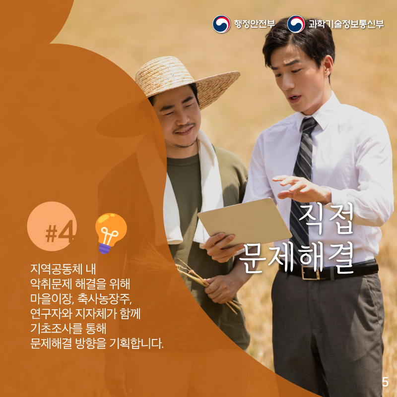 지역공동체 내 악취문제 해결을 위해    마을이장, 축사농장주, 연구자와 지자체가 함께    기초조사를 통해 문제해결 방향을 기획합니다.