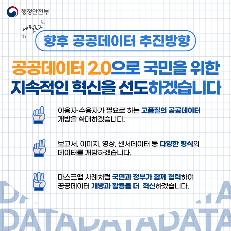"공공데이터 2.0"으로 국민을 위한 지속적인 혁신을 선도하겠습니다!  1) 이용자·수용자가 필요로 하는 고품질의 공공데이터 개방을 확대하겠습니다. 2) 보고서, 이미지, 영상 ,센서데이터 등 다양한 형식의 데이터를 개방하겠습니다. 3) 마스크앱 사례처럼 국민과 정부가 함께 협력하여 공공데이터 개방과 활용을 더 혁신하겠습니다.