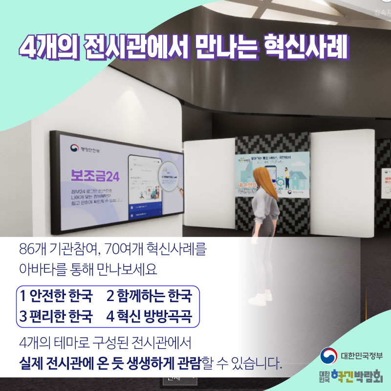 4개의 전시관에서 만나는 혁신사례 86개 기관참여, 70여개 혁신사례를 아바타를 통해 만나보세요  1관 : 안전한 한국 2관 : 함께하는 한국 3관 : 편리한 한국 4관 : 혁신 방방곡곡  4개의 테마로 구성된 전시관에서 실제 전시관에 온 듯 생생하게 관람할 수 있습니다.