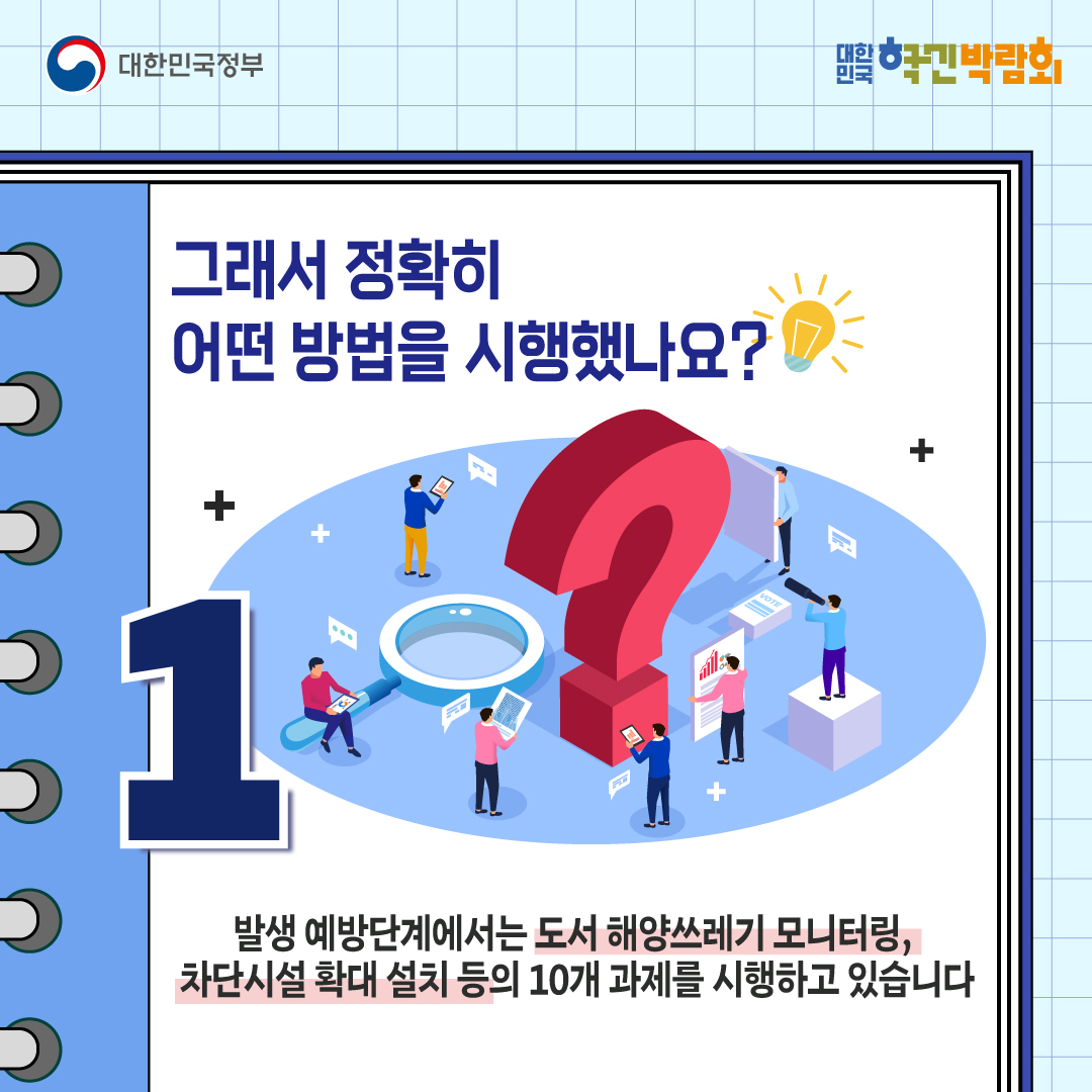 그래서 정확시 어떤 방법을 시행했나요? 1 발생 예방단계에서는 도서 해양쓰레기 모니터링, 차단시설 확대 설치 등의 10개 과제를 시행하고 있습니다.