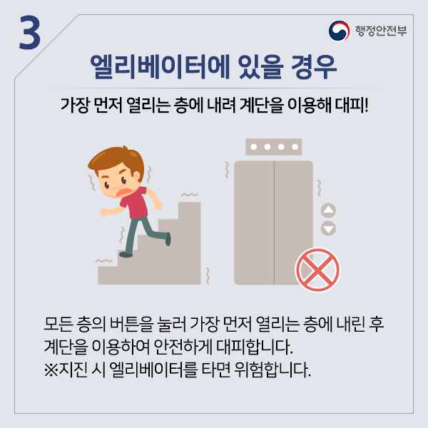 엘리베이터에 있을 경우 가장 먼저 열리는 층에 내려 게단을 이용해 대피! 모든 층의 버튼을 눌러 가장 먼저 열리는 층에 내린 후 계단을 이용하여 안전하게 대피합니다. ※ 지진 시 엘리베이터를 타면 위험합니다.