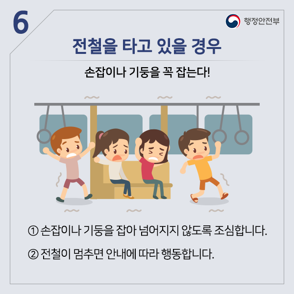 전철을 타고 있을 경우 손잡이나 기둥을 꼭 잡는다! ① 손잡이나 기둥을 잡아 넘어지지 않도록 조심합니다. ② 전철이 멈추면 안내에 따라 행동합니다.