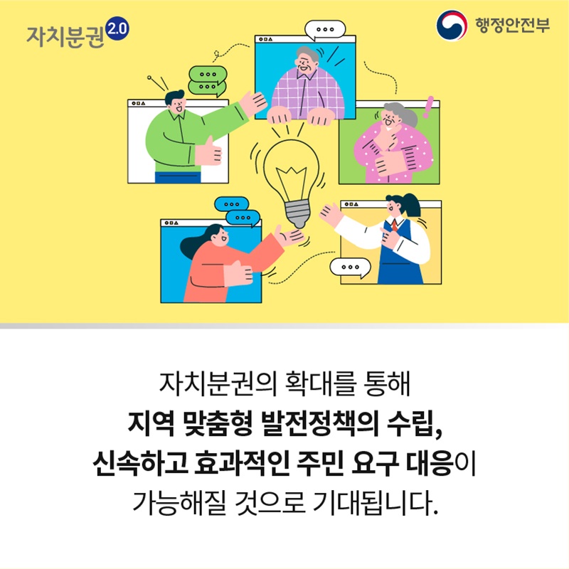 자치분권의 확대를 통해 지역 맞춤형 발전정책의 수립과, 신속하고 효과적인 주민 요구 대응이 가능해질 것으로 기대됩니다.