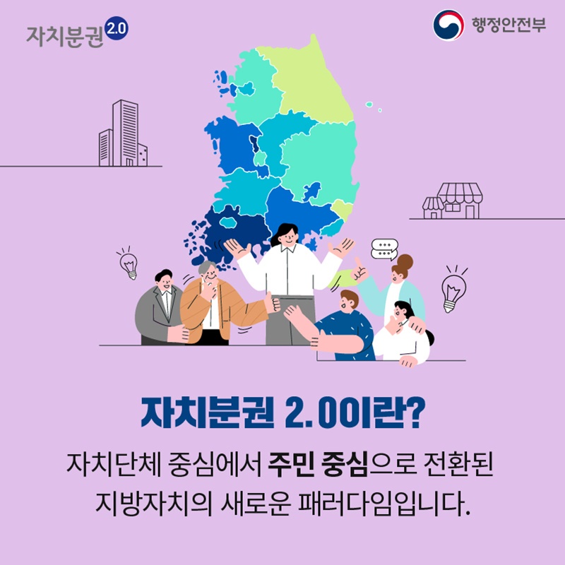 자치분권 2.0이란, 지방자치단체 중심에서 주민중심으로 전환된, 지방자치의 새로운 패러다임입니다.