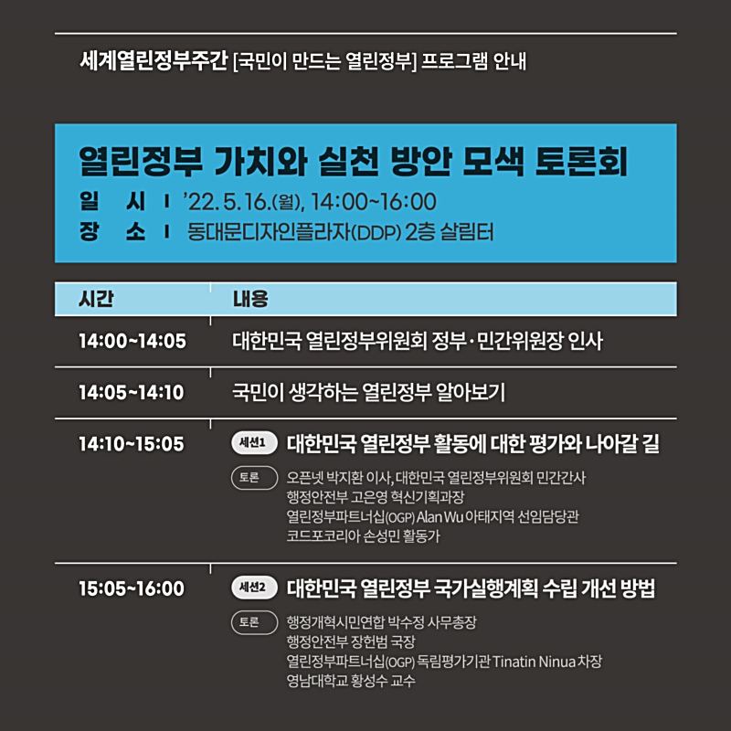 열린정부 토론회 ○ (일시) ’22. 5. 16.(월), 14:00~16:00(2시간) ○ (장소) 동대문디자인플라자(DDP) 2층 살림터  (14:10~15:05) 대한민국 열린정부 활동에 대한 평가와 나아갈 길 (15:05~16:00) 대한민국 열린정부 국가실행계획 수립 개선 방법