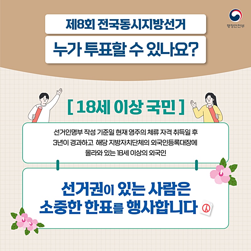 투표는 선거일 기준 18세 이상의 국민이 참여할 수 있으며, 외국인의 경우, 선거인명부 작성 기준일 현재 영주체류자격 취득일 후 3년이 경과하고 해당 지방자치단체의 외국인등록대장에 올라와 있는 18세 이상이면 투표가 가능합니다.