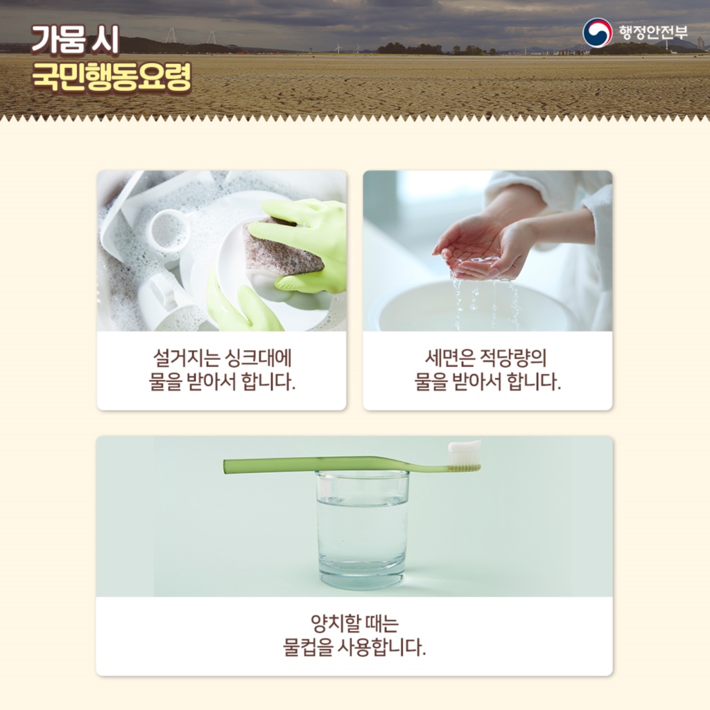 가뭄 시 국민행동요령 설거지는 싱크대에 물을 받아서 합니다. 세면은 적당량의 물을 받아서 합니다. 양치할 때는 물컵을 사용합니다.