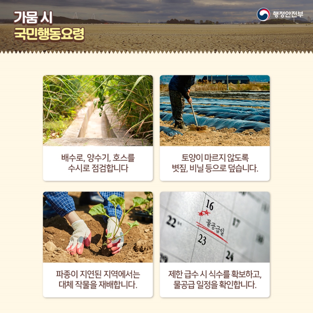 가뭄 시 국민행동요령 배수로, 양수기, 호스를 수시로 점검합니다. 토양이 마르지 않도록 벗짚, 비닐 등으로 덮습니다. 파종이 지연된 지역에서는 대체 작물을 재배합니다. 제한 급수 시 식수를 확보하고, 물공급 일정을 확인합니다.