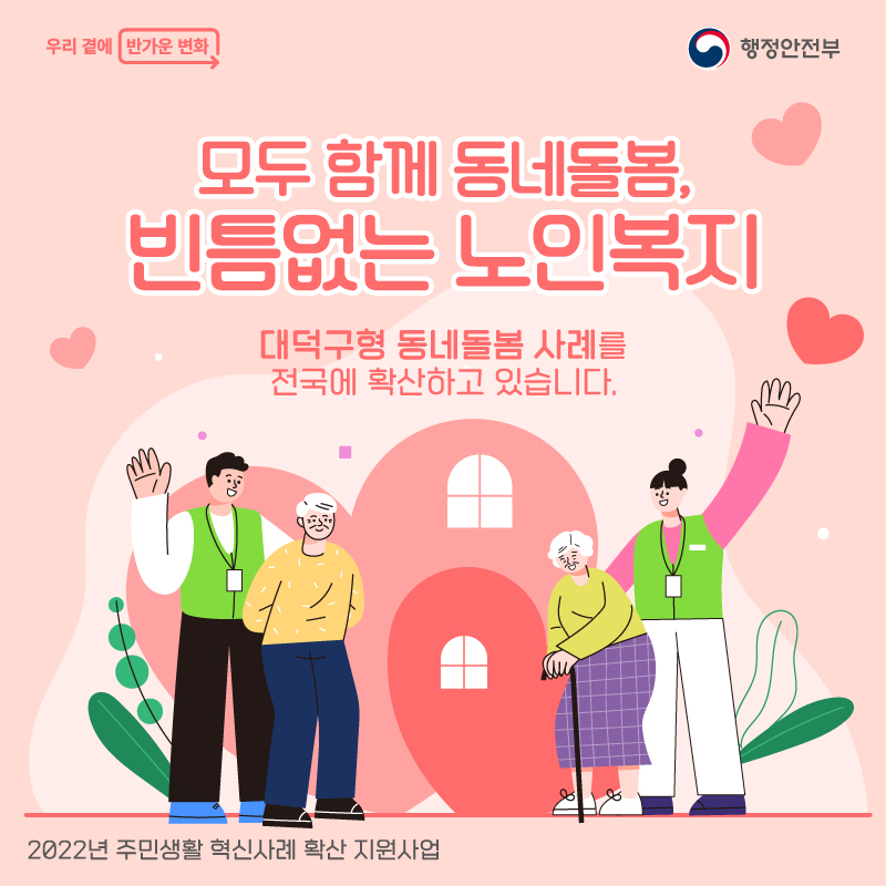 1. (타이틀)모두 함께 동네돌봄, 빈틈없는 노인복지   대덕구형 동네돌봄 사례를 전국에 확산하고 있습니다.    2022년 주민생활 혁신사례 확산 지원사업