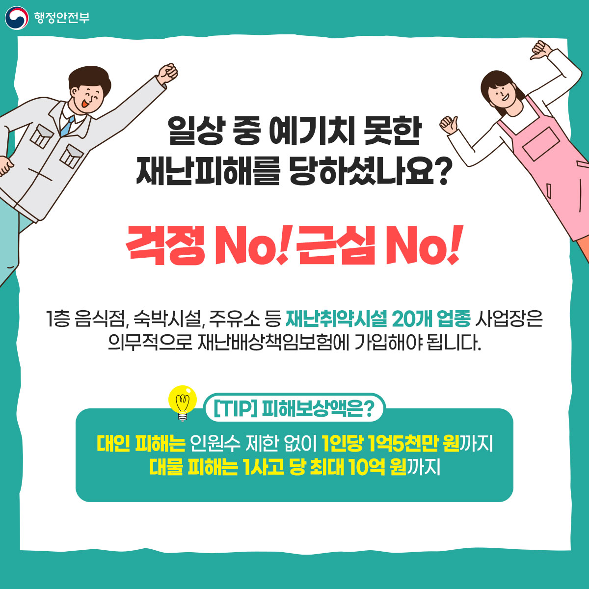 일상 중 예기치 못한 재난피해를 당하셨나요? 걱정 No! 근심 No! 1층 음식점, 숙박시설, 주유소 등 재난취약시설 20개 업종 사업장은 의무적으로 재난배상책임보험에 가입해야 됩니다. [TIP] 피해보상액은? 대인 피해는 인원 수 제한 없이 1인당 1억5천만 원까지 대물 피해는 1사고 당 최대 10억 원까지