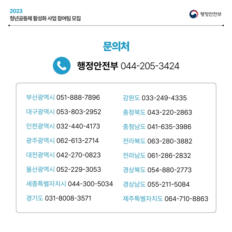 2023 청년공동체 활성화 사업 참여팀 모집 행정안전부 문의처 행정안전부 044-205-3424 ▲부산광역시 051-888-7896 ▲대구광역시 053-803-2952 ▲인천광역시 032-440-4173 ▲광주광역시 062-613-2714 ▲대전광역시 042-270-0823 ▲울산광역시 052-229-3053 ▲세종특별자치시 044-300-5034 ▲경기도 031-8008-3571 ▲강원도 033-249-4335 ▲충청북도 043-220-2863 ▲충청남도 041-635-3986 ▲전라북도 063-280-3882 ▲전라남도 061-286-2832 ▲경상북도 054-880-2773 ▲경상남도 055-211-5084 ▲제주특별자치도 064-710-8863
