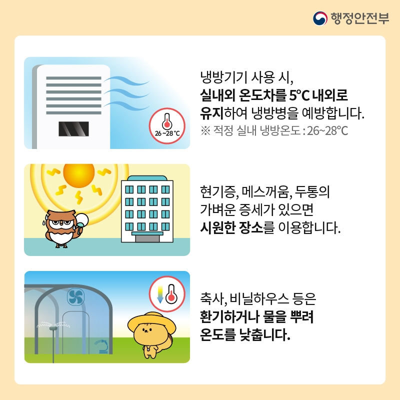 행정안전부 -냉방기기 사용 시, 실내외 온도차를 5℃ 내외로 유지하여 냉방병을 예방합니다. ※적정 실내 냉방온도 : 26~28℃ (26~28℃) -현기증, 메스꺼움, 두통의 가벼운 증세가 있으면 시원한 장소를 이용합니다. -축사, 비닐하우스 등은 환기하거나 물을 뿌려 온도를 낮춥니다.