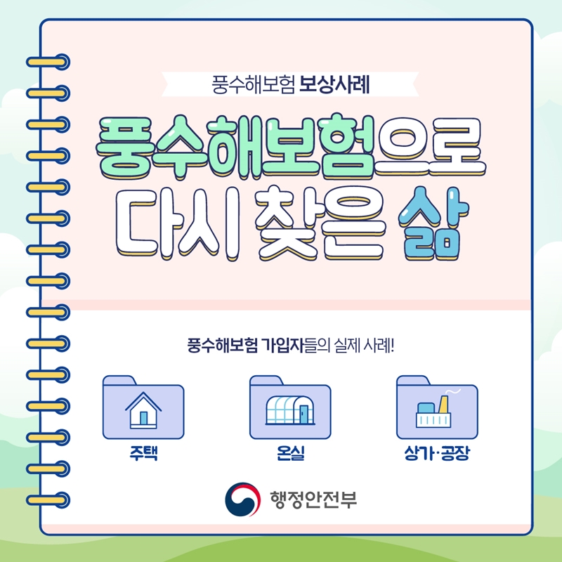 풍수해보험 보상사례 풍수해보험으로 다시 찾은 삶 풍수해보험 가입자들의 실제 사례! 주택 온실 상가·공장 행정안전부