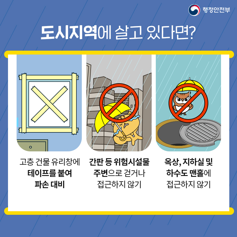 행정안전부 도시지역에 살고 있다면? 고층 건물 유리창에 테이프를 붙여 파손 대비 간판 등 위험시설물 주변으로 걷거나 접근하지 않기 옥상, 지하실 및 하수도 맨홀에 접근하지 않기